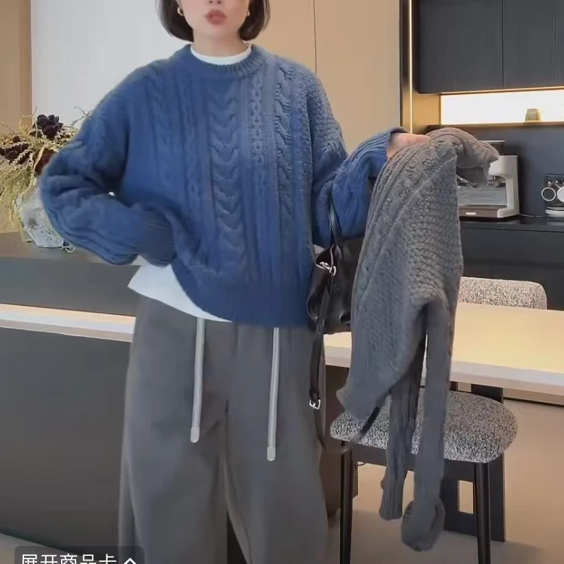 秋冬复古麻花韩系宽松显瘦针织圆领套头毛衣LK2500768