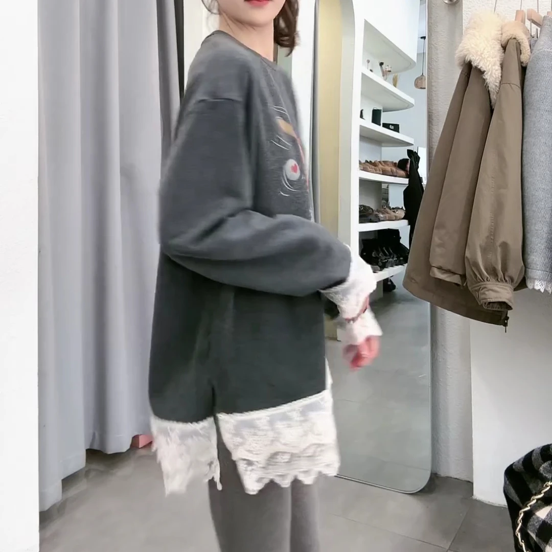 新款上衣长袖印花T恤蕾丝拼接打底衫2024秋冬加绒上衣LK2500799