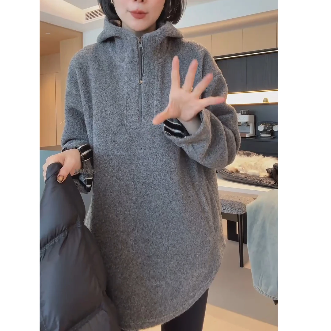 冬季加厚韩版气质时尚休闲半拉链中长款长袖连帽卫衣LK2500909