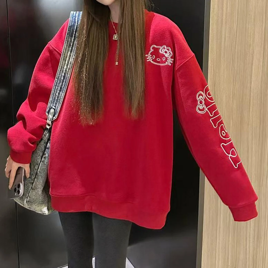 时尚休闲宽松字母刺绣内里加绒圆领“KT猫”卫衣LK2500780