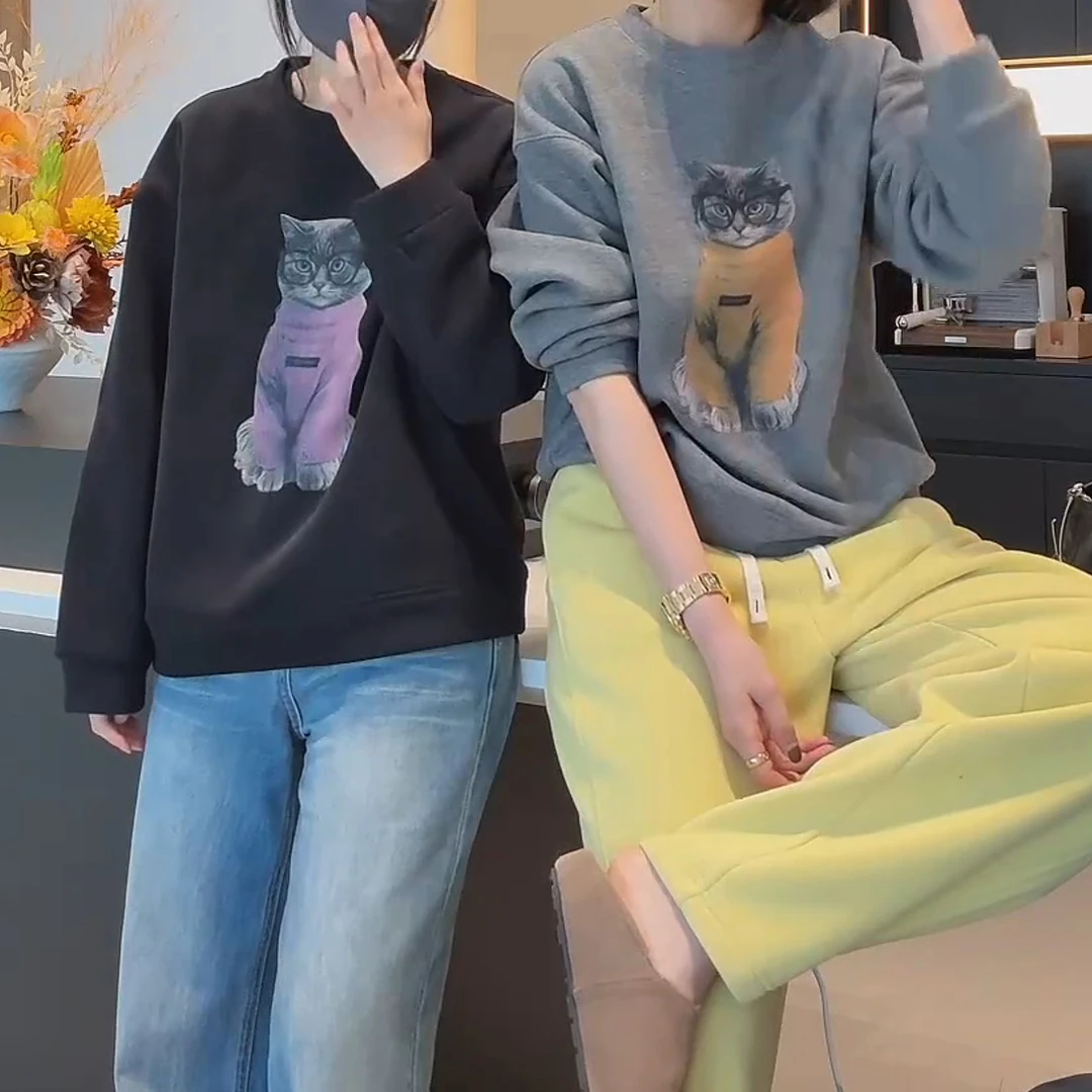 圆领套头宽松百搭卫衣2024秋冬新款印花加绒保暖上衣LK2500496