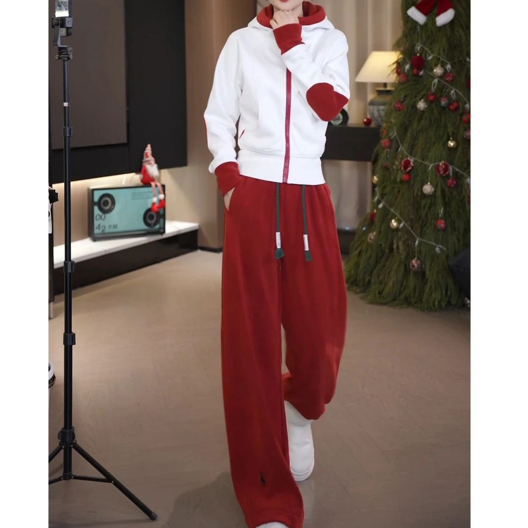 2025冬新款加绒修身拼色连帽卫衣外套+阔腿裤套装LK2500847