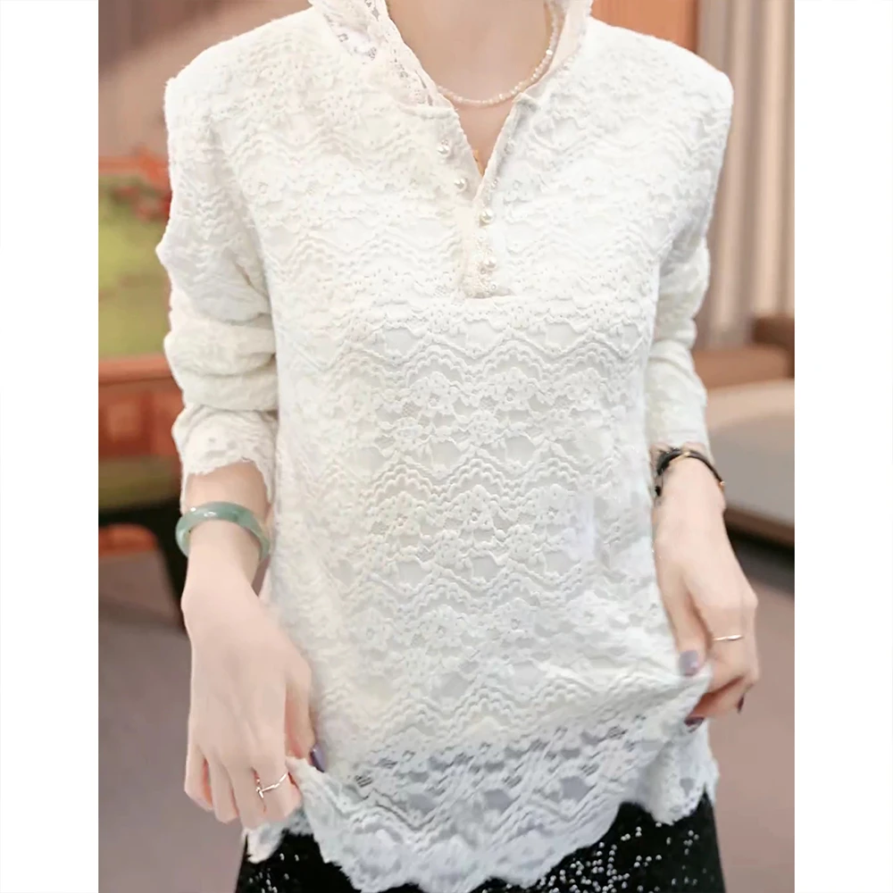 秋冬新款韩系气质高级感拼接时尚百搭打底连帽蕾丝衫T恤LK2500452