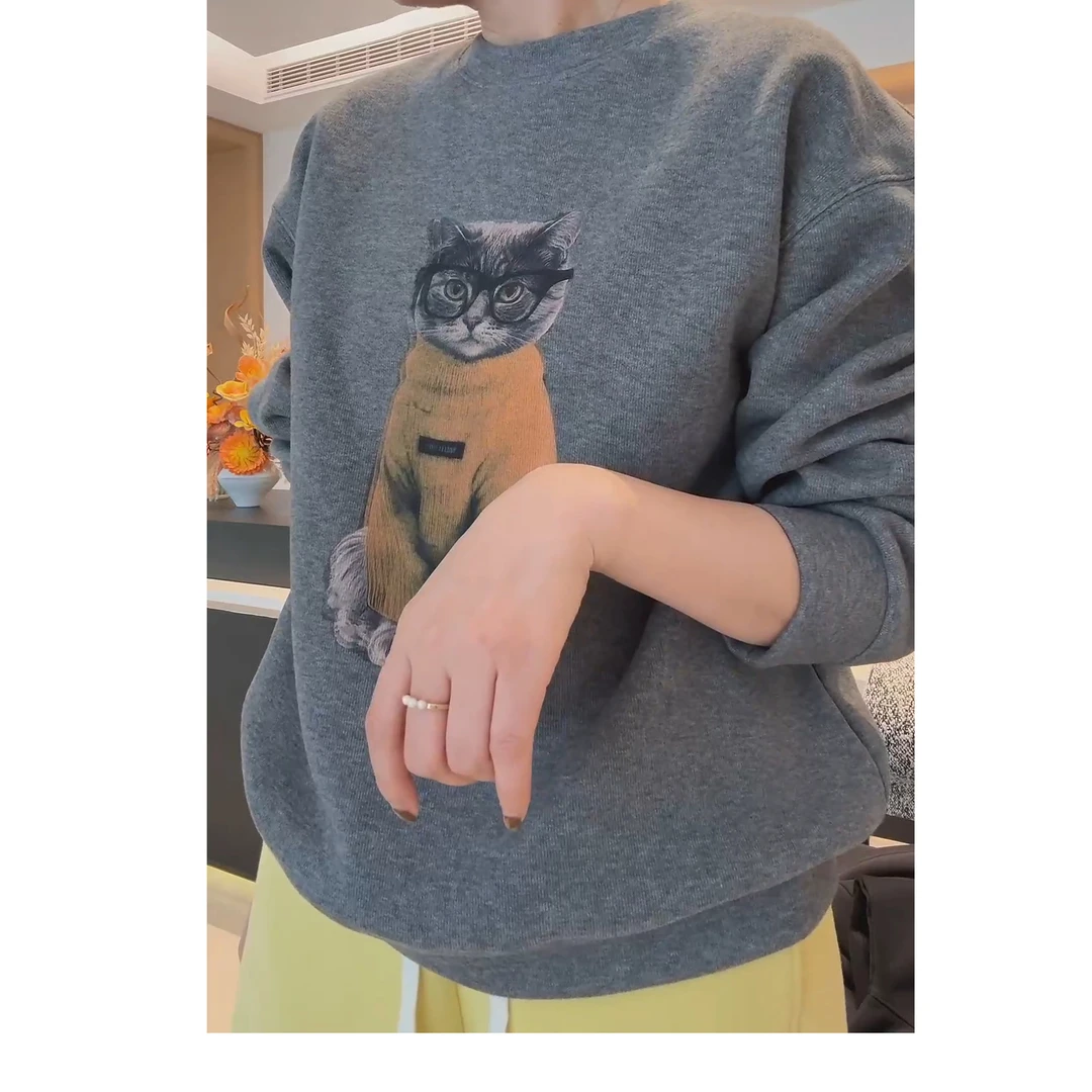 2024秋冬新款圆领套头宽松百搭卫衣印花加绒保暖上衣LK2500496