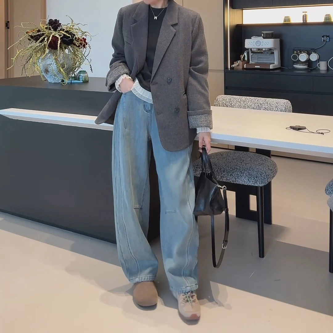 2024新款韩版新款百搭设计感加绒高腰宽松浅蓝色弯刀裤LK2500779