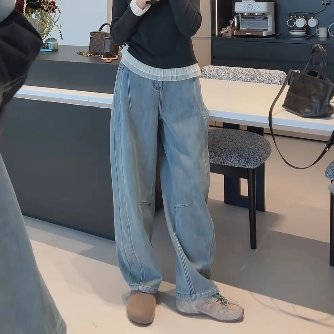 秋冬韩版新款百搭设计感加绒高腰宽松浅蓝色弯刀裤LK2500779