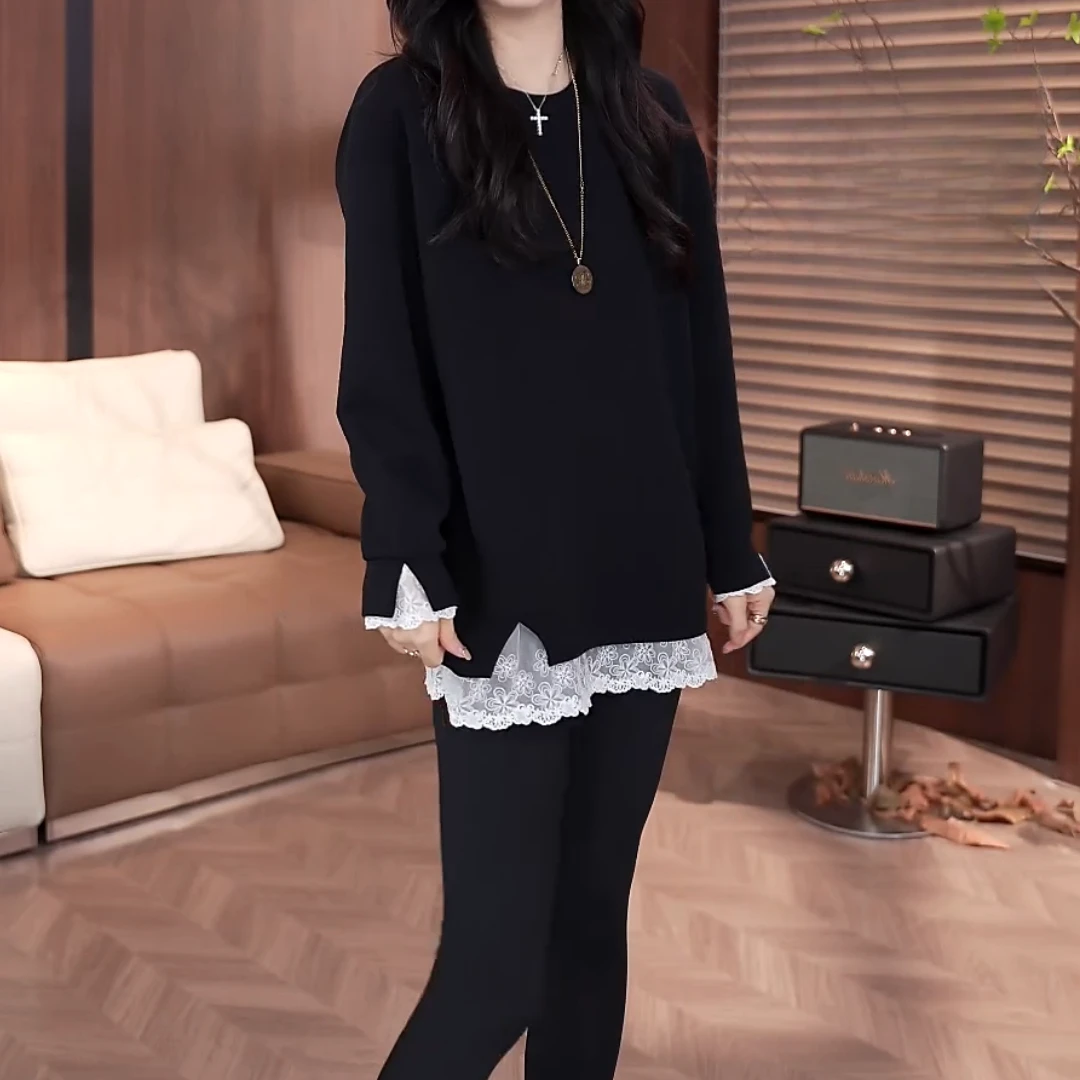 冬季新款设计感假两件显瘦长袖拼接蕾丝打底上衣LK2500756