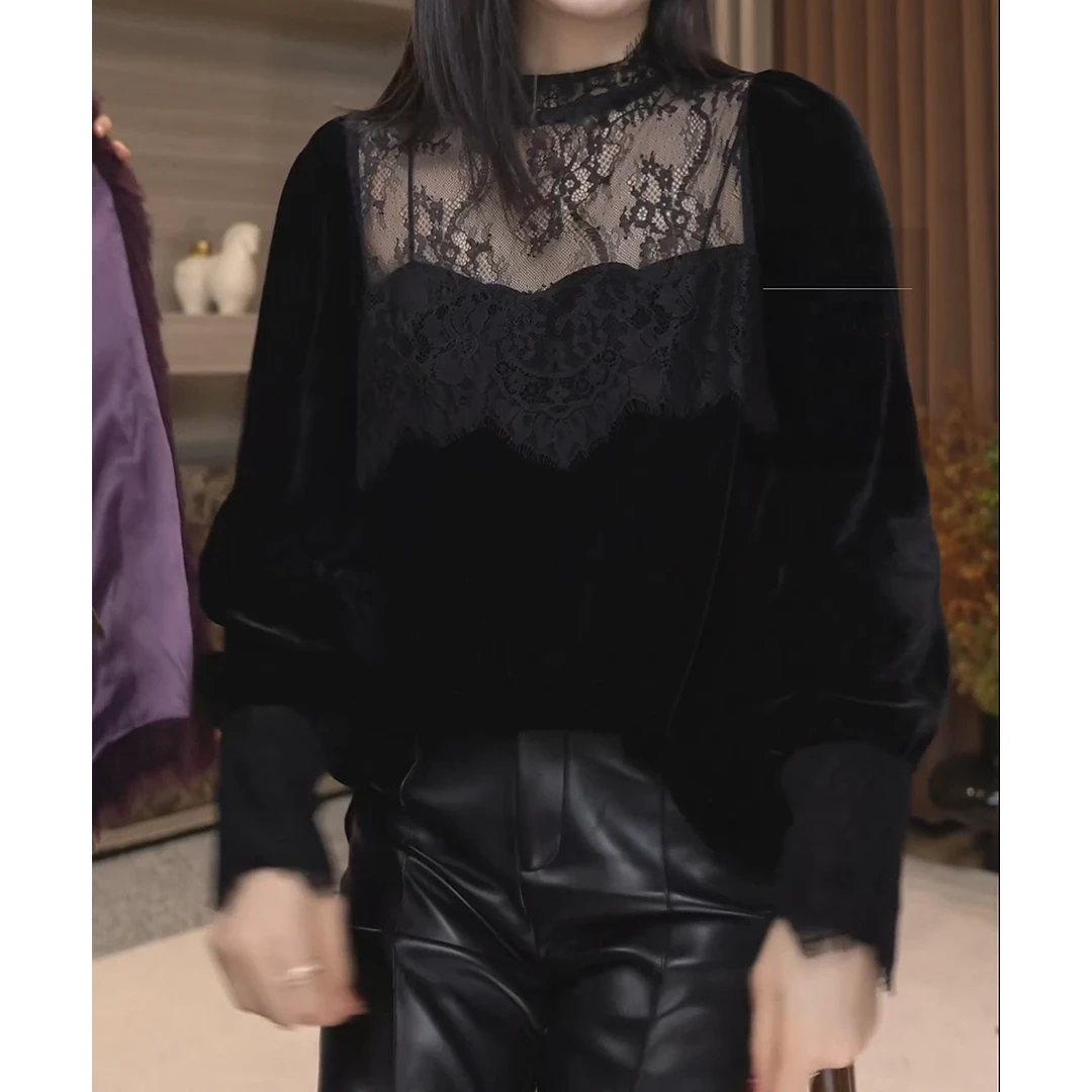 2024冬季新款洋气时尚气质镂空高定内搭丝绒蕾丝上衣LK2500746