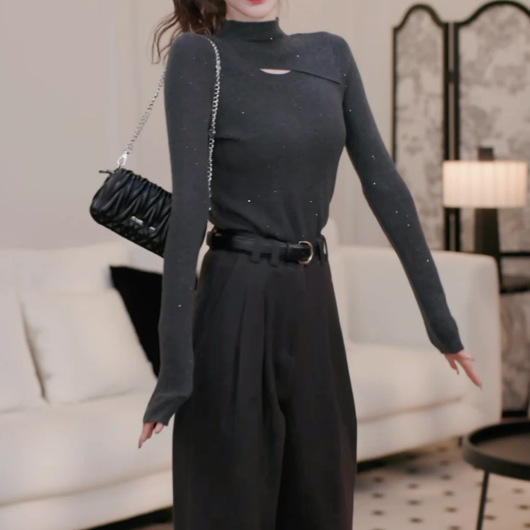 2024新款气质百搭时尚设计感半高领镂空打底长袖上衣女LK2500426