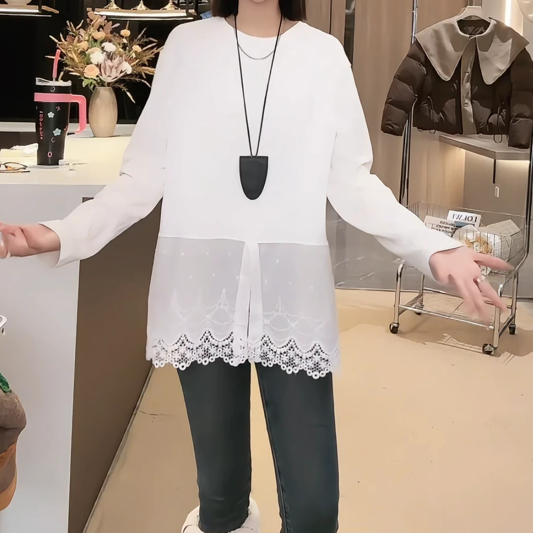 【蕾丝美学】2024新款百搭气质纯色圆领加厚蕾丝拼接T恤LK2500485