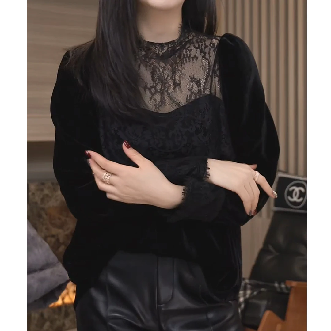 洋气时尚气质镂空高定内搭丝绒蕾丝上衣LK2500746