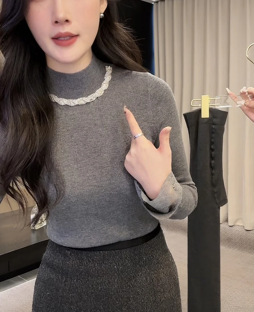 新款上衣半高领长袖打底衫钉珠精致内搭蕾丝T恤LK2500359