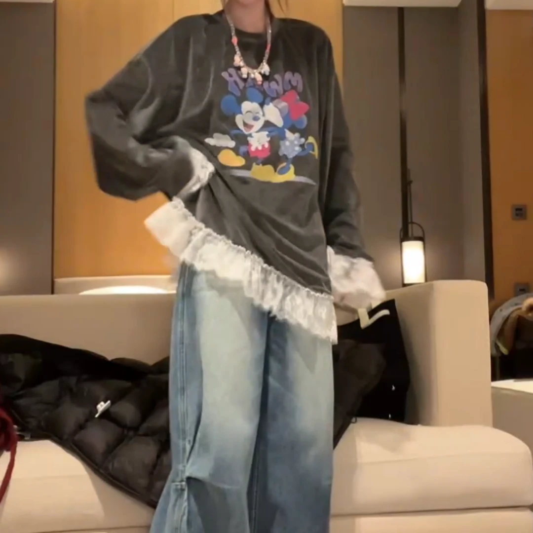 2024冬季新款设计感气质百搭拼接花边圆领长袖卫衣LK2500890