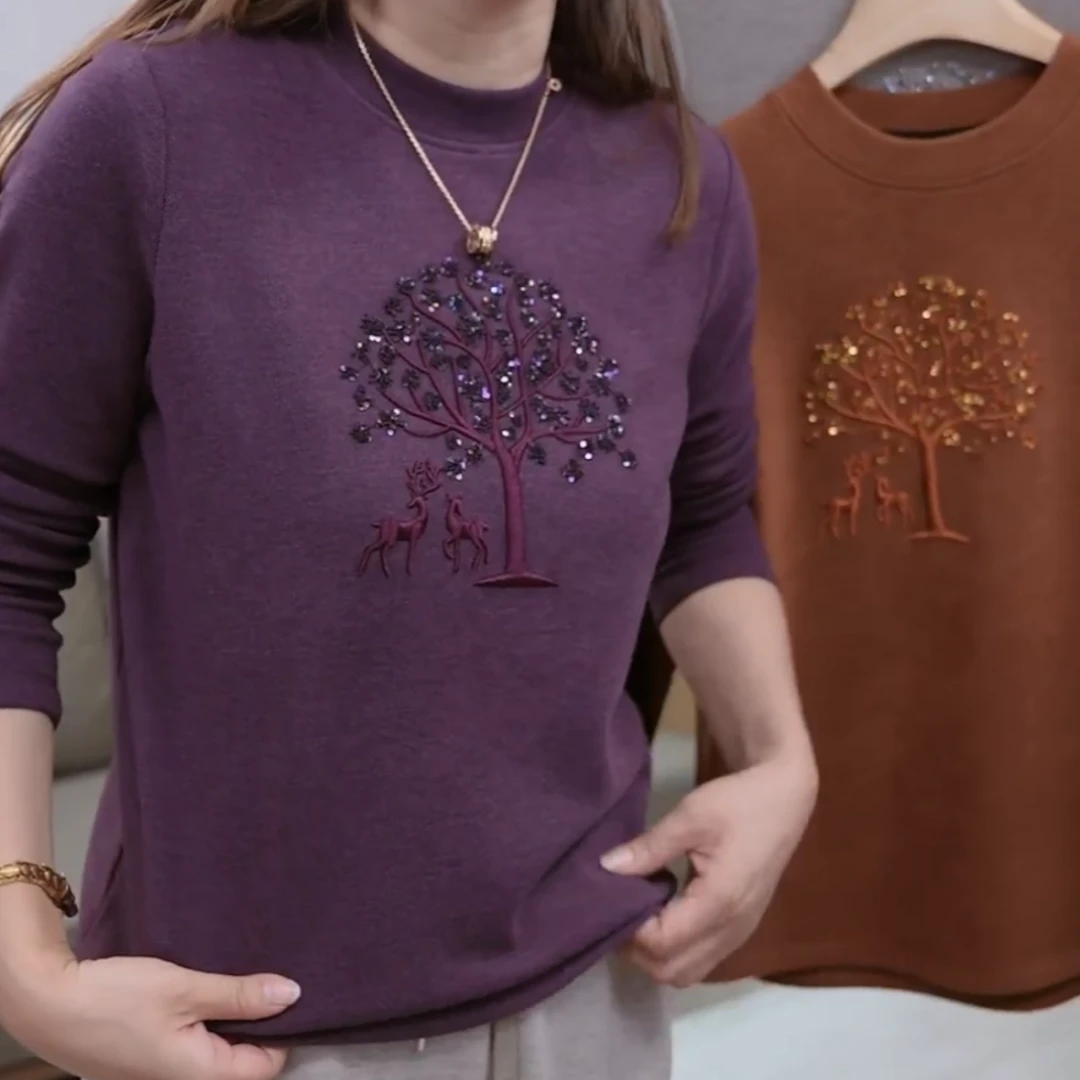 2024冬季加厚保暖设计感长刺绣百搭气质长袖圆领T恤LK2500716