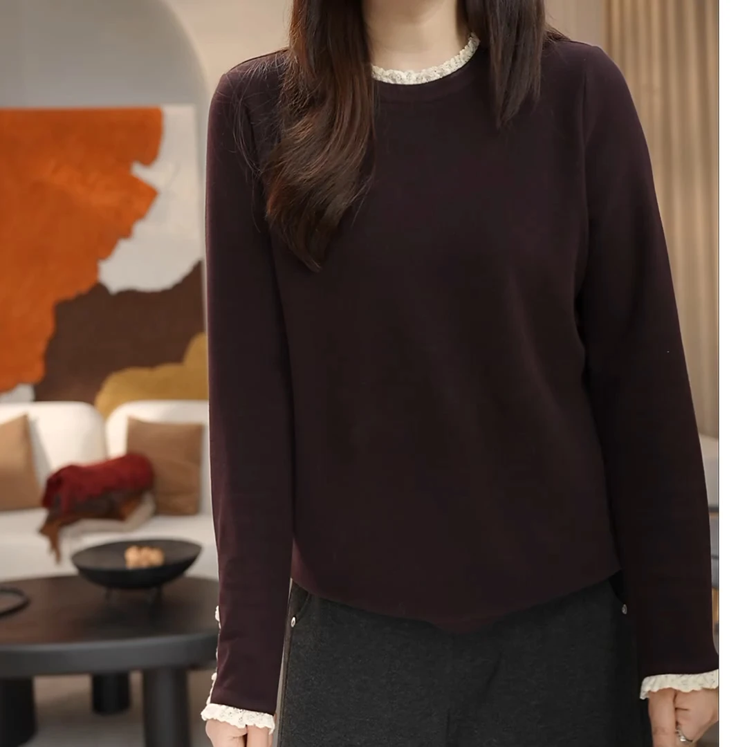 韩版简约大气花边蕾丝拼接长袖百搭休闲衫LK2500722