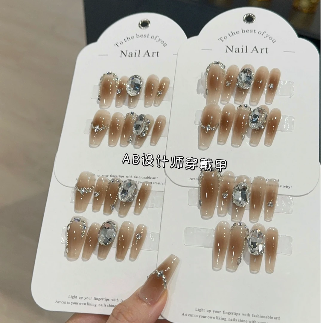 【带钻款 美拉德】秋冬高级简约棕色腮红晕染K9钻堆钻 纯手工穿戴甲