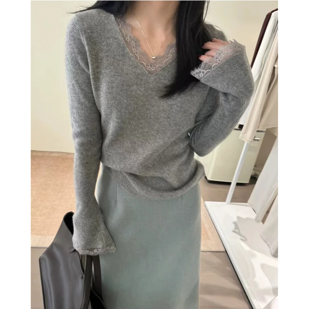 【100全羊毛】法式喇叭袖口拼接蕾丝小女人打底羊毛衫修身针织毛衣