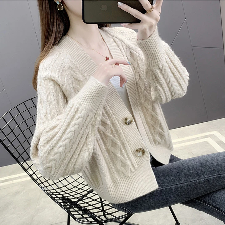 女士外穿短外套春装新款韩版宽松麻花针织衫秋季短款开衫外套