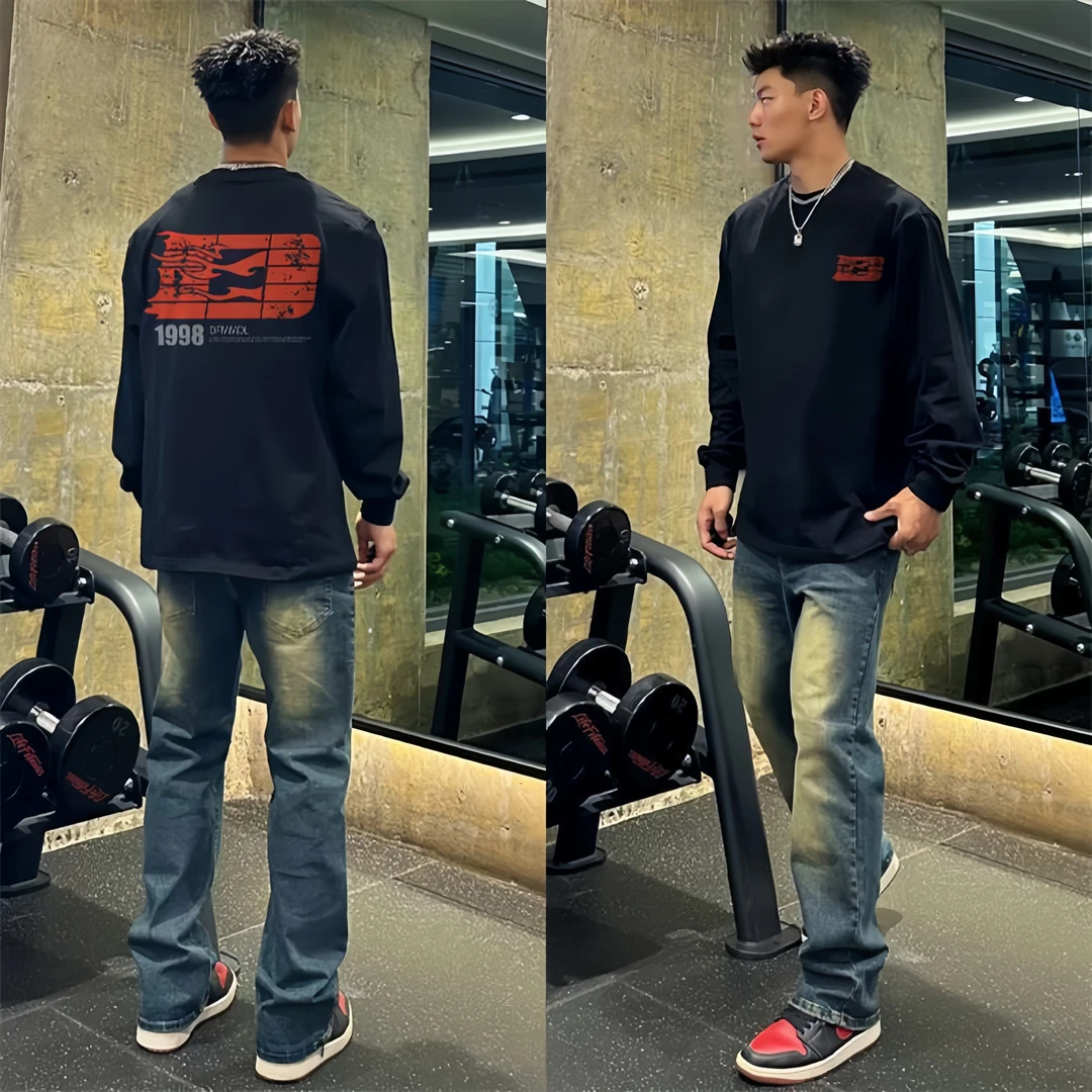 美式潮牌设计感小众长袖束口t恤男秋季百搭宽松情侣打底衫上衣男