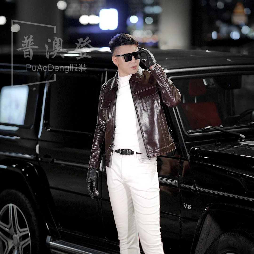 普澳登 秋冬高端时尚潮流真皮极简风翻领男款休闲皮衣外套