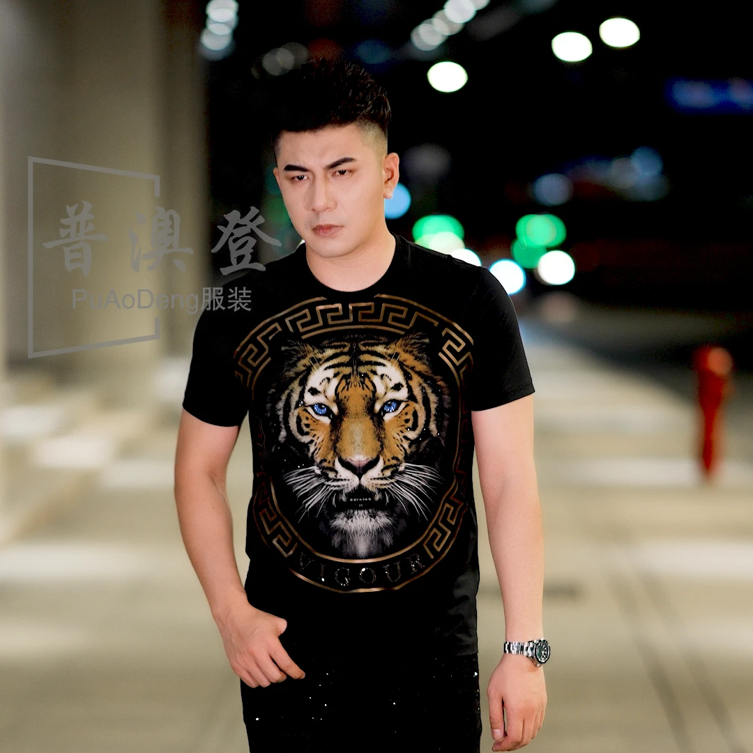 2025夏季新款薄款时尚潮流个性百搭修身老虎印花痞帅男士短袖T恤