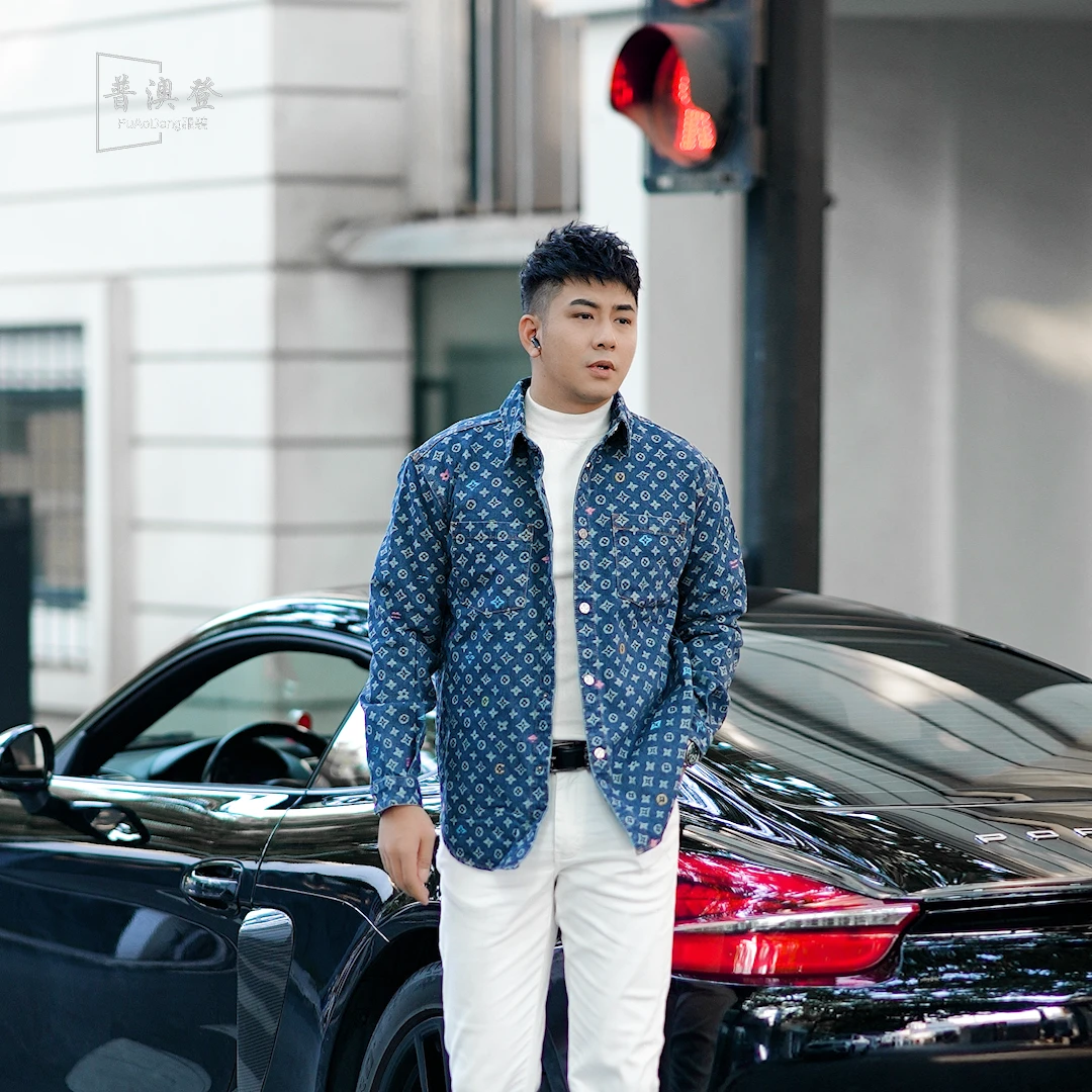 普澳登 春秋新款时尚潮流百搭休闲翻领提花男士衬衫款牛仔外套