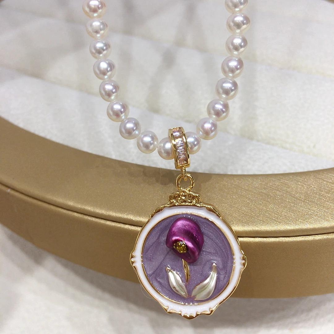 天然淡水珍珠巴洛克吊坠紫色花朵彩绘中古油画风万能扣珍珠项链