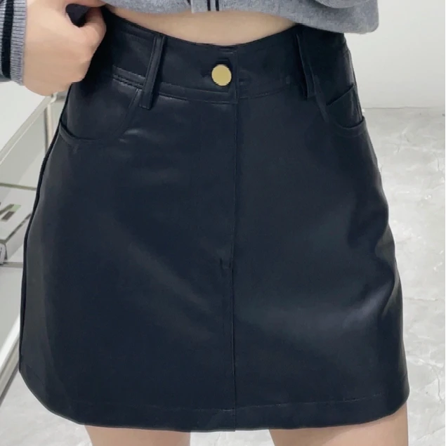 【KNJ】145小个子定制高腰（秋冬必备的一条皮裙）金扣显瘦半身裙
