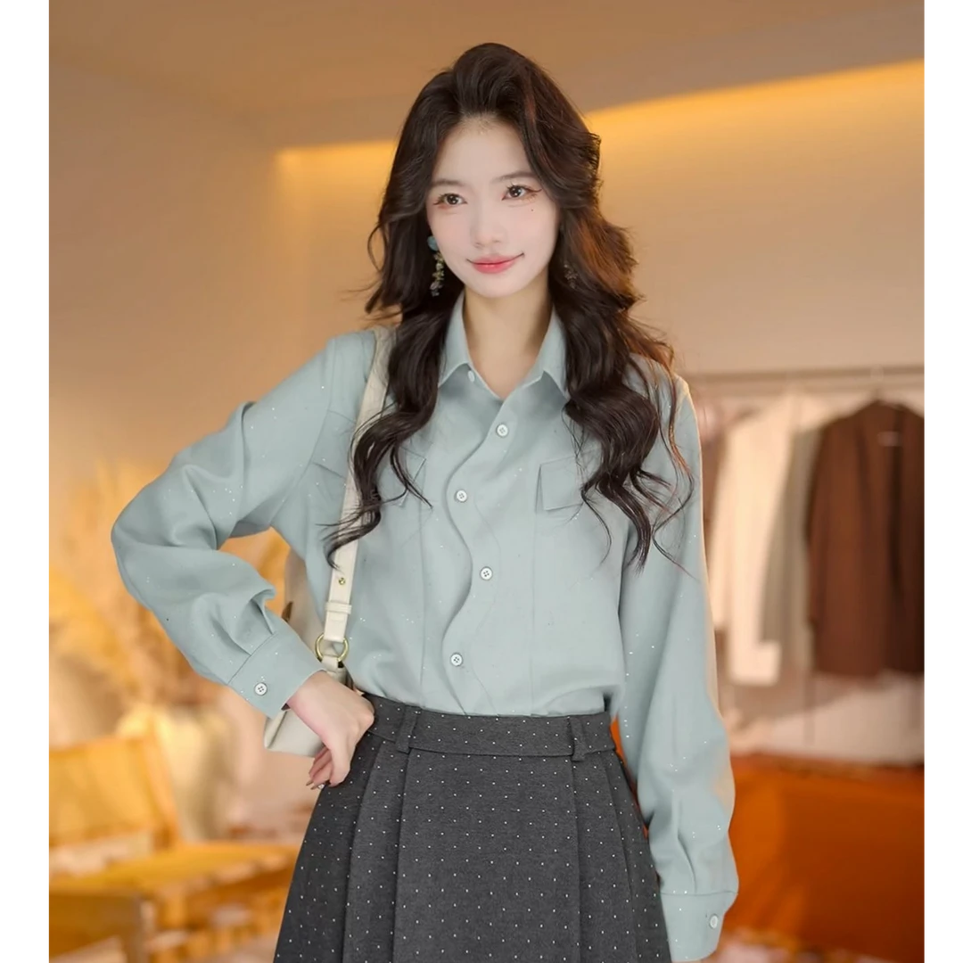 陈佳洁【慢冷】港风复古纯色衬衫女宽松显瘦上衣JK0725023