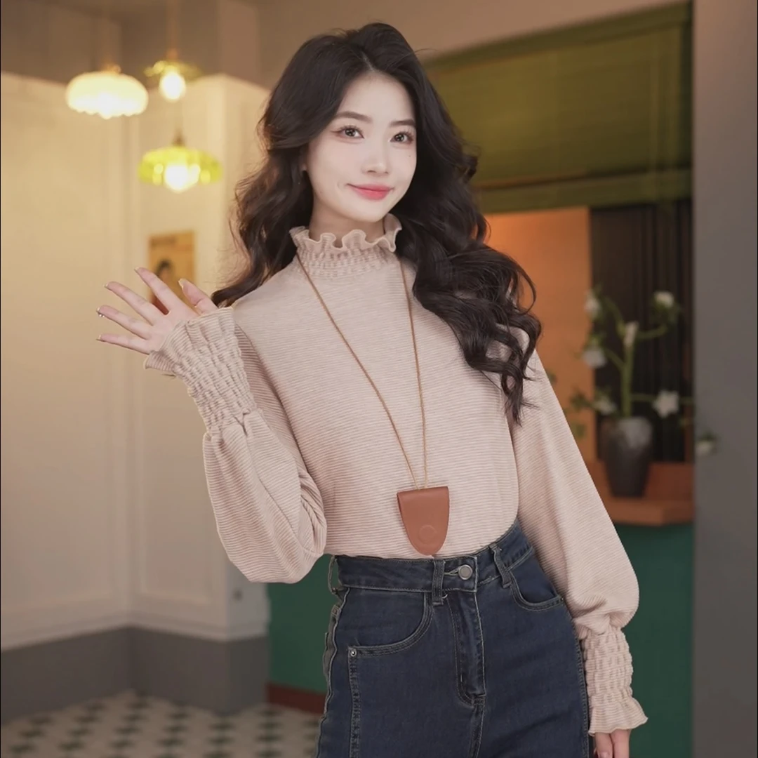 陈佳洁【独行少女】港风复古华夫格花边针织衫宽松上衣JK0725124