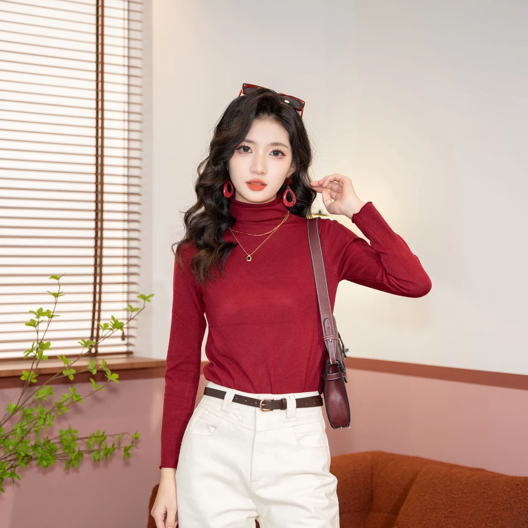 陈佳洁【霓虹街道】港风复古纯色高领女百搭显瘦上衣JX233054