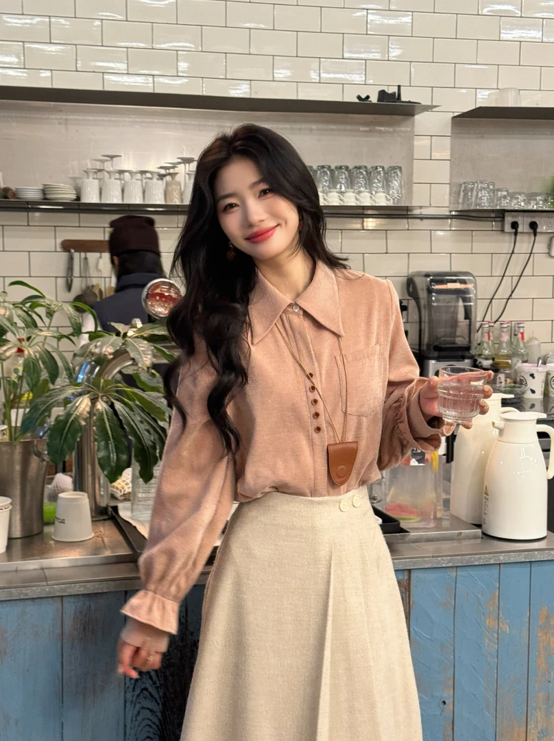 丁佳欣【花海】港风复古纯色衬衫女宽松显瘦上衣JK0725178