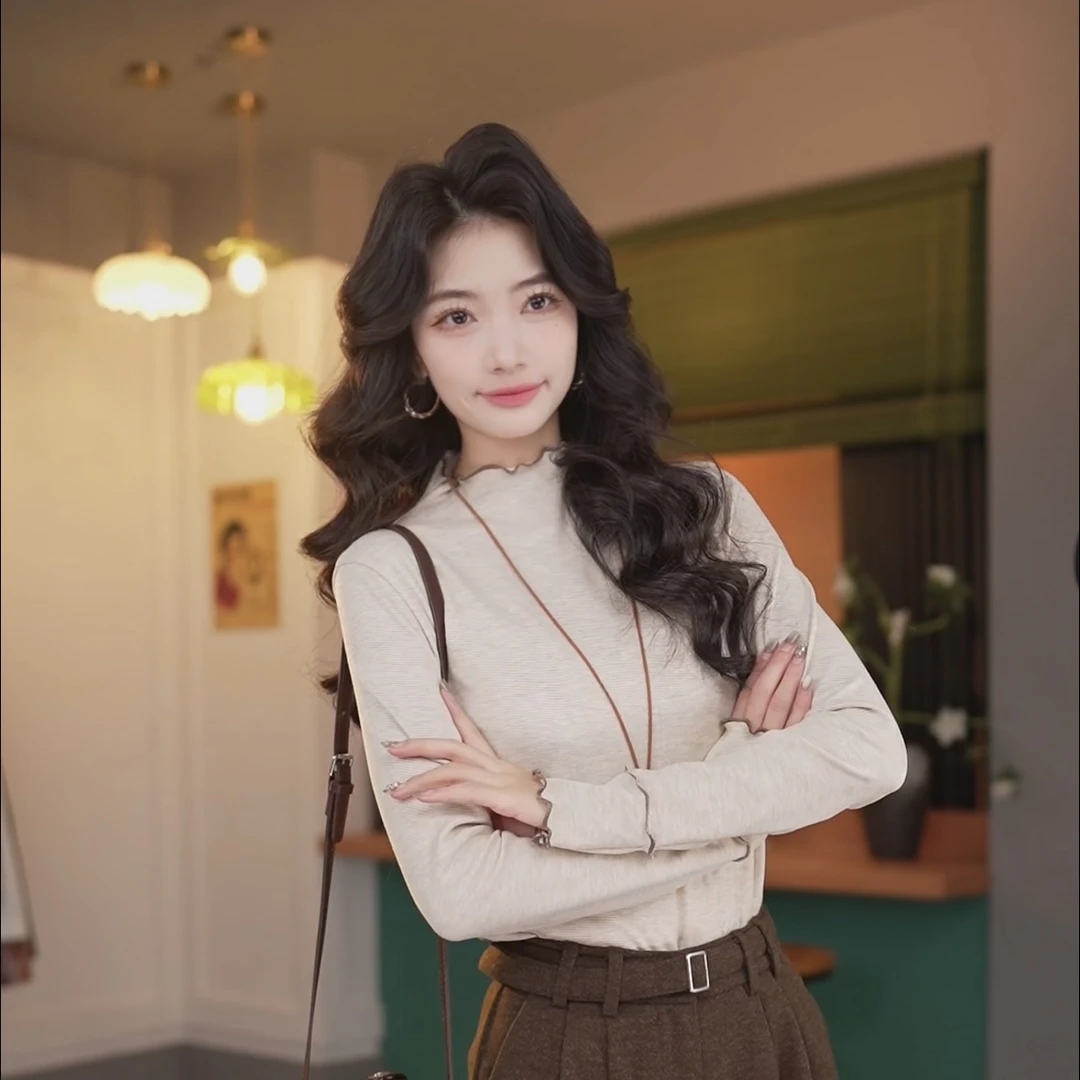 陈佳洁【晴天】港风复古拼色花边长袖针织衫宽松上衣JK1124010