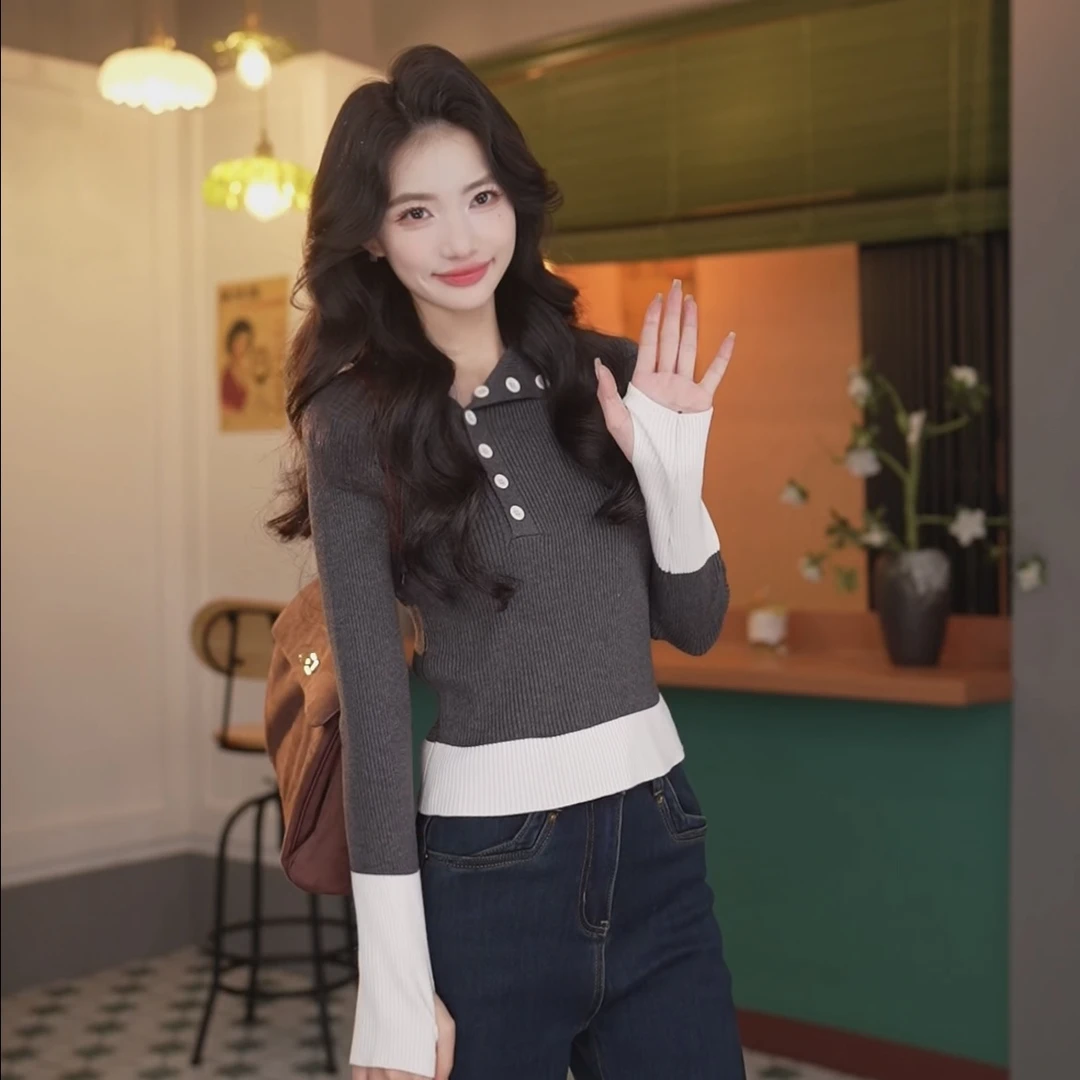 陈佳洁【漫漫】港风复古拼色针织宽松上衣JA1999280