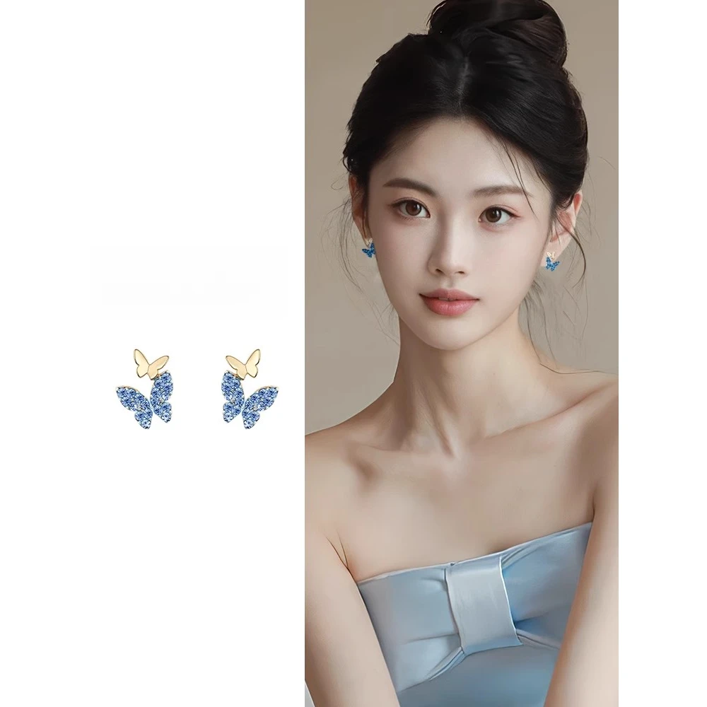 合金耳饰 蓝色蝴蝶纯银耳钉女2024新款爆款小众独特耳环精致高级