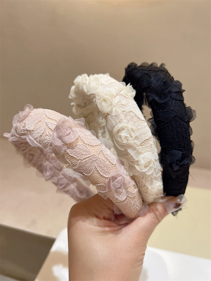 YIZUN蕾丝花朵海绵宽发箍高颅顶韩版甜美仙女森系黑色粉色米色头