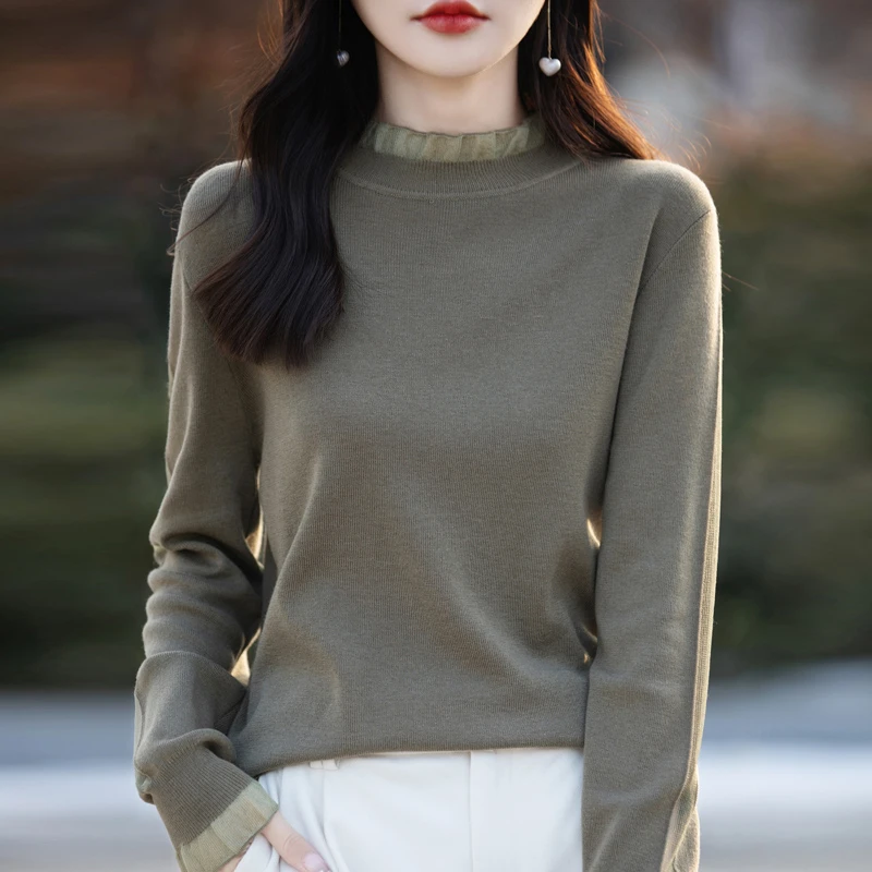 高级感蕾丝花边半高领针织衫女2024秋冬新款木耳边打底衫内搭毛衣