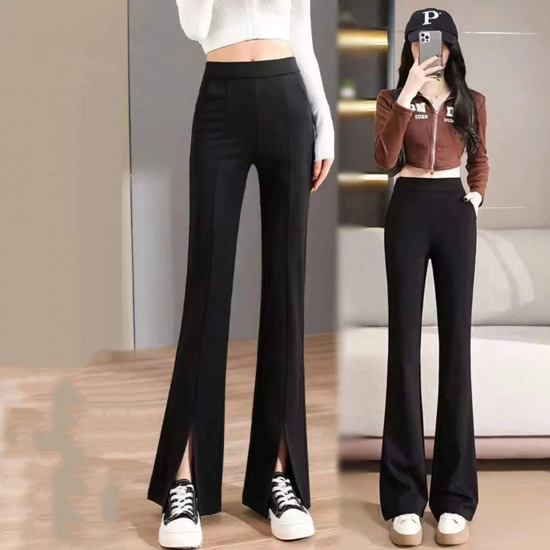 新款开叉-不开叉任选-大码百搭高腰四面弹力显瘦休闲时尚微喇裤