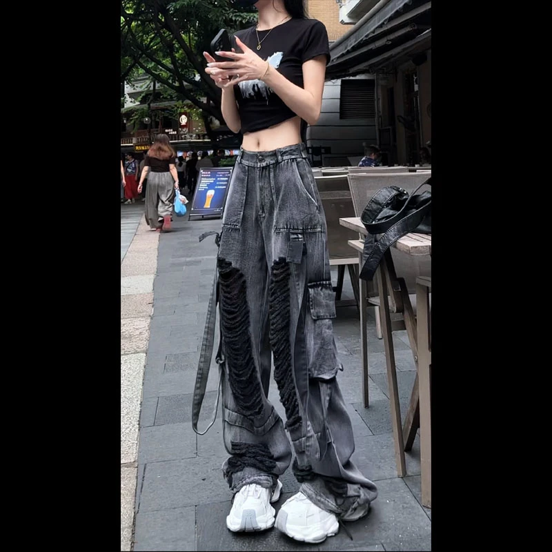 52882个性破洞牛仔裤女2025夏重工复古洗水磨破薄款工装牛仔裤子
