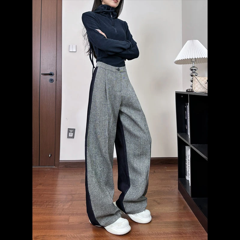 【清仓】92269撞色拼接呢料牛仔裤秋冬季新款直筒宽松遮肉休闲裤女