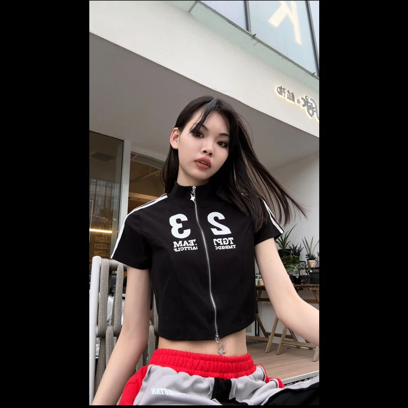 【现货】31301潮牌2024年夏季新款拉链字母撞色百搭短款T恤上衣女