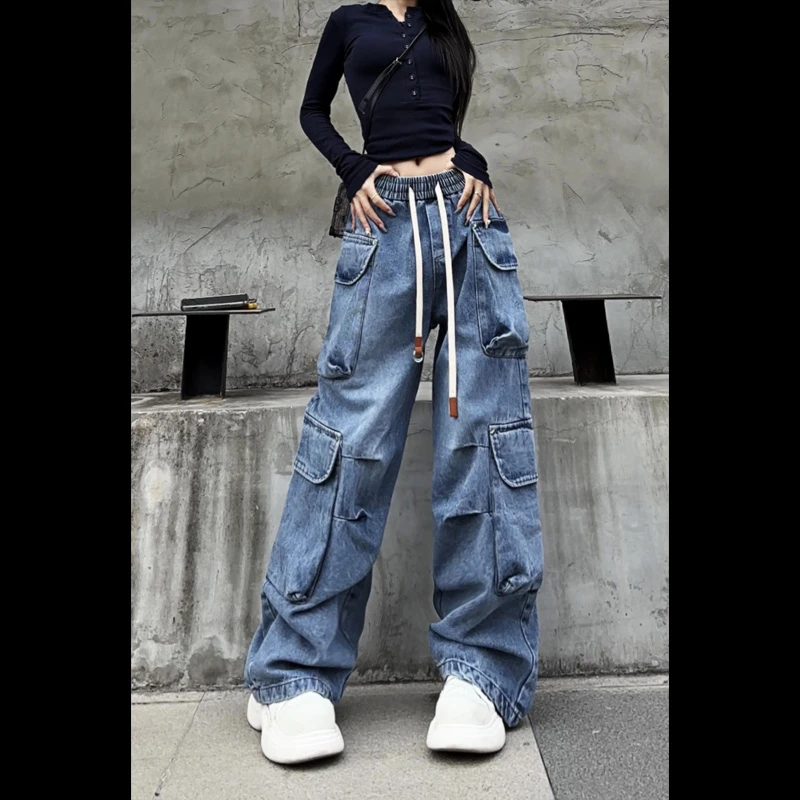 【现货】82010松紧腰直筒多口袋工装2025年新款春夏柔软牛仔裤女