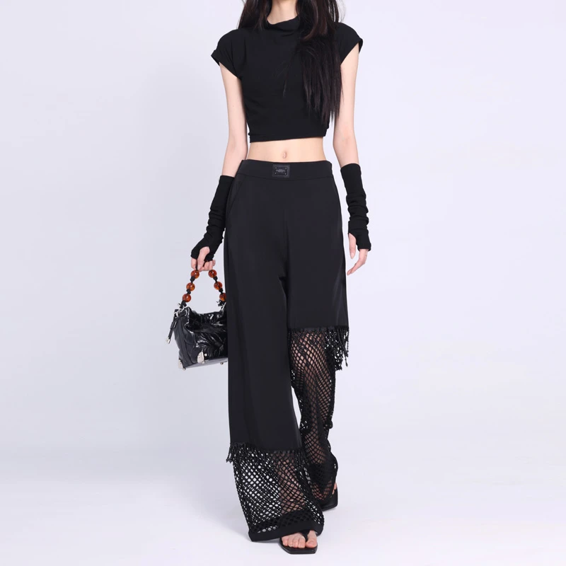 62220时尚珠珠裤子女2025年夏季新款镂空直筒薄款休闲裤宽松西裤