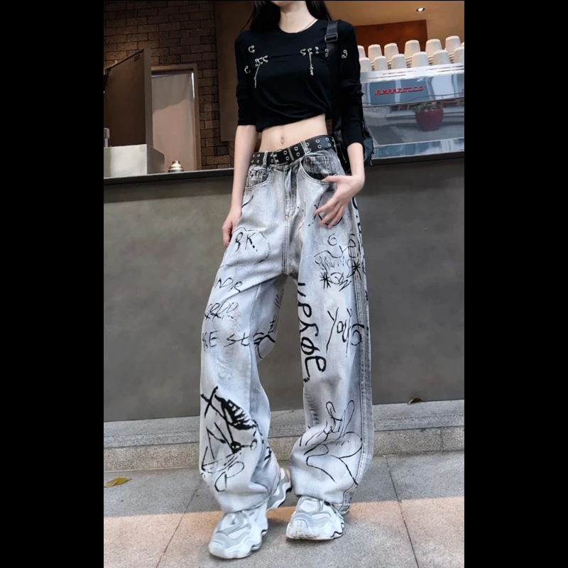 【清仓】39116涂鸦洗水牛仔裤秋季新款直筒宽松百搭高街渐变休闲裤