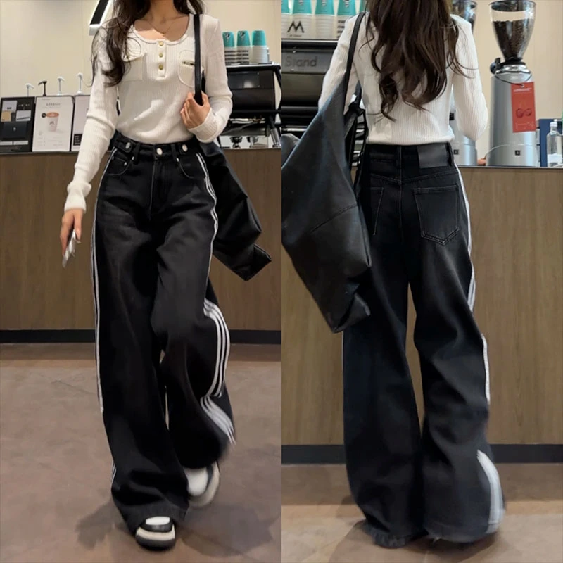 【现货】10086加绒三条杠织带牛仔2025冬新款复古水洗宽松高腰裤
