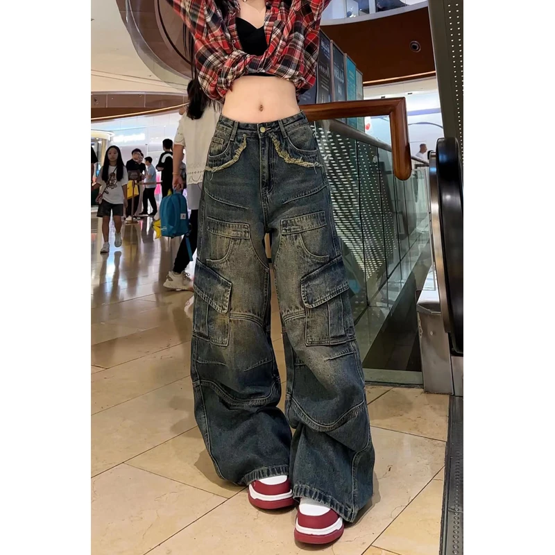 98911牛仔裤女2025年春装新款重工口袋工装裤女阔腿裤子