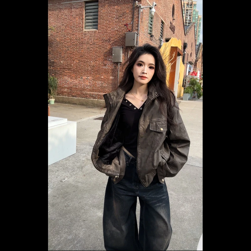 【现货】39882加绒蛋白皮衣复古哑光高品质皮衣外套冬季做旧上衣