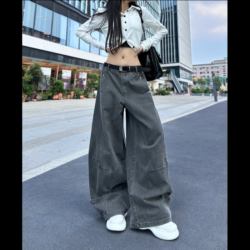 现货66118美式复古拼接阔腿牛仔裤2025新款慵懒休闲阔腿牛仔裤