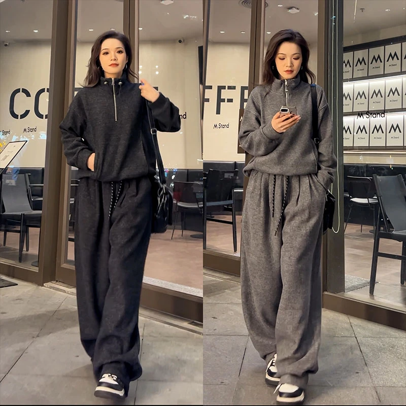 【现货】10066套头卫衣羊绒加绒休闲套装女2025长绒毛加厚卫裤女