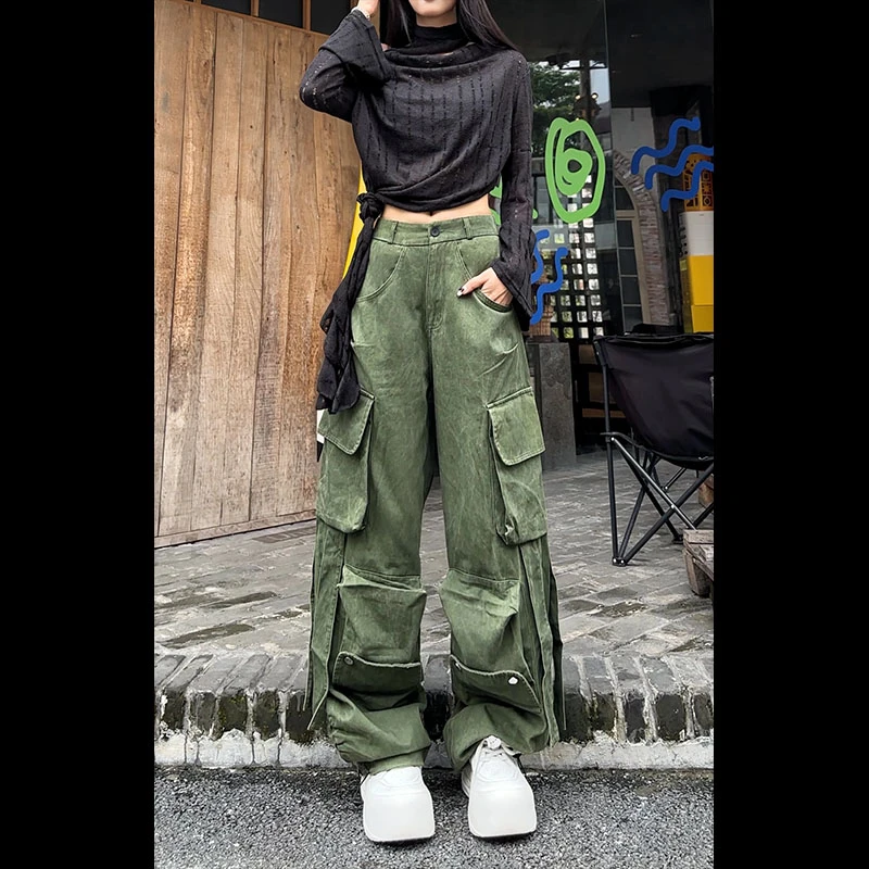 现货55998多口袋机能工装裤2025高街直筒宽松拖地阔腿休闲长裤